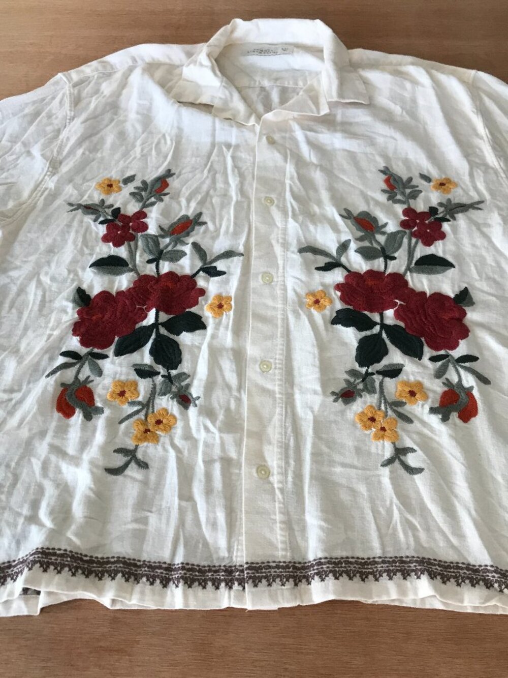 Abercrombie & Fitch Summer Linen Blend Camp Shirt Women XXL Red Floral Embroider